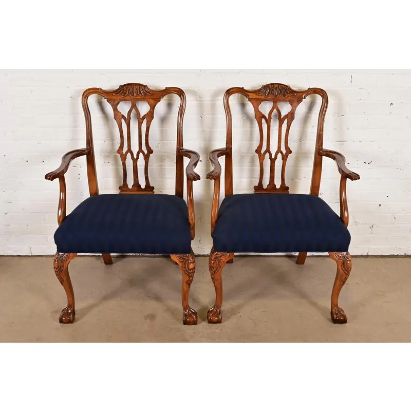 Romweber Chippendale Carved Walnut and Burl Wood Armchairs, Pair - Image 2
