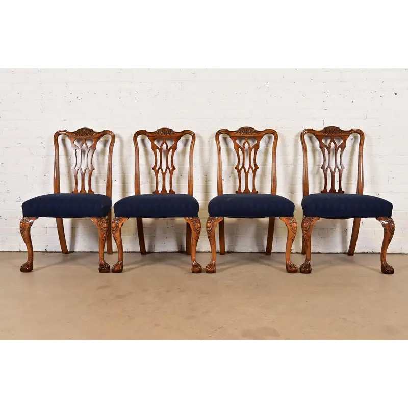 Romweber Chippendale Carved Walnut and Burl Wood Dining Chairs, Set of Four - Image 2