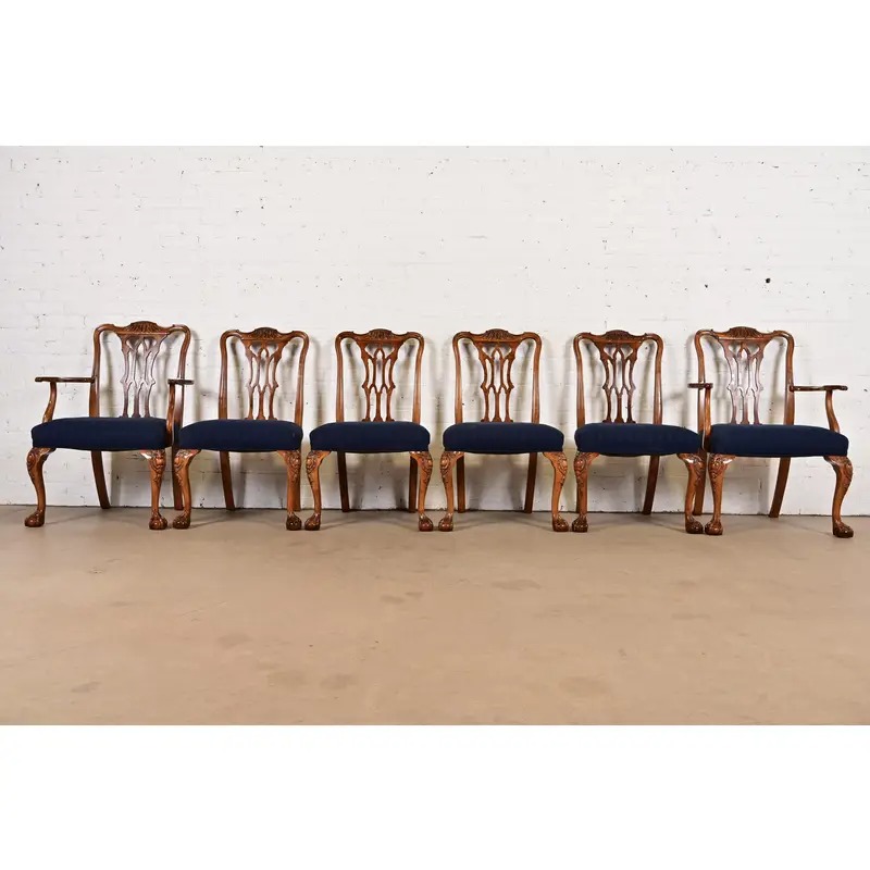 Romweber Chippendale Carved Walnut and Burl Wood Dining Chairs, Set of Six - Image 2