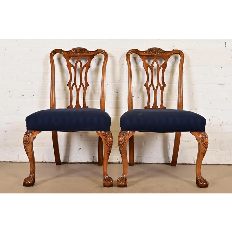 Romweber Chippendale Carved Walnut and Burl Wood Side Chairs or Dining Chairs, Pair - Image 2