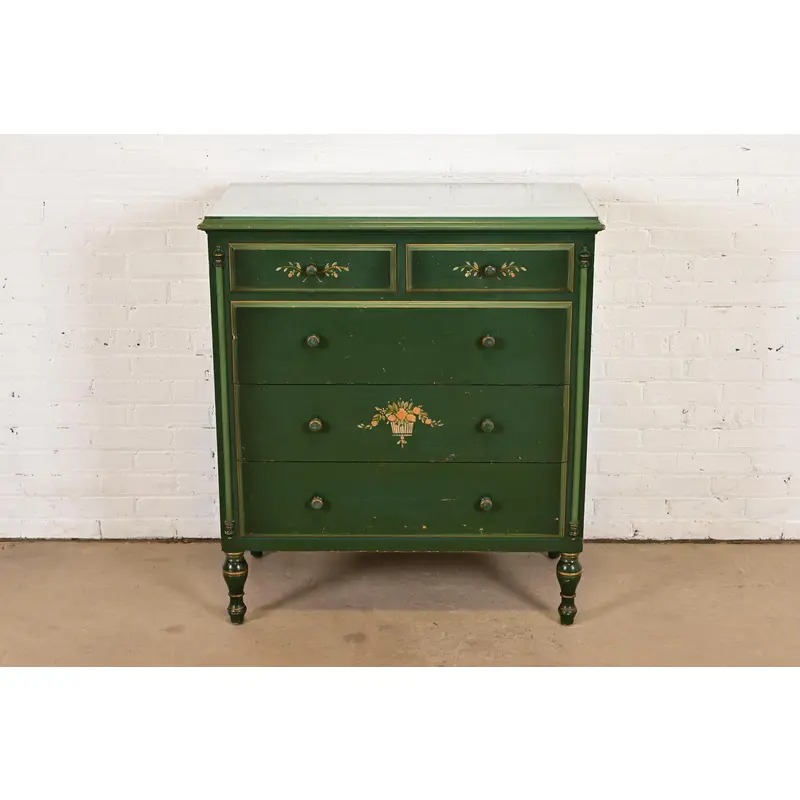 Stickley Brothers Antique Early American Country Cottage Green Lacquered Floral Painted Dresser, Circa 1920s - Image 2