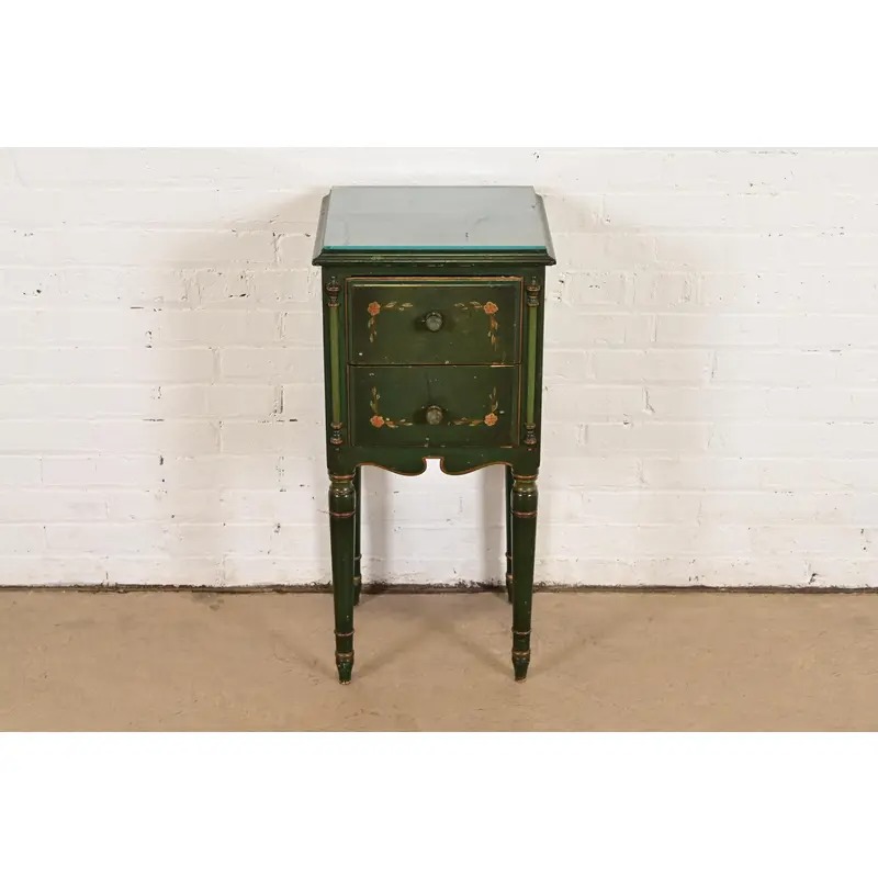Stickley Brothers Antique Early American Country Cottage Green Lacquered Floral Painted Nightstand, Circa 1920s - Image 2