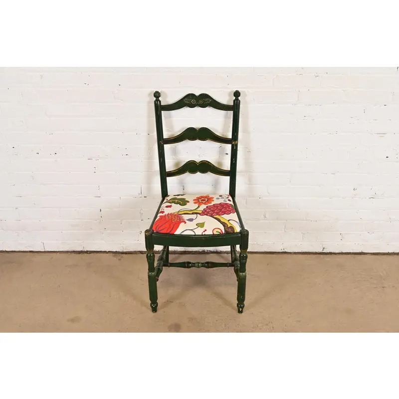 Stickley Brothers Antique Early American Country Cottage Green Lacquered Floral Painted Side Chair, Circa 1920s - Image 2