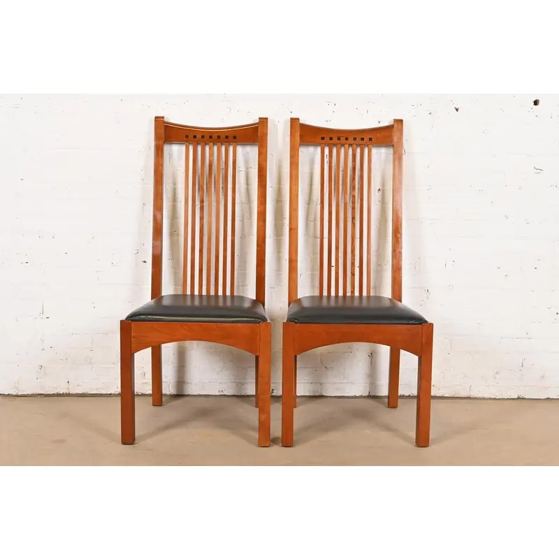 Stickley Mission Arts & Crafts Cherry Wood High Back Spindle Side Chairs or Dining Chairs, Pair
