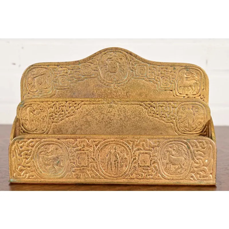 Tiffany Studios New York Zodiac Pattern Bronze Doré Letter Rack - Image 2
