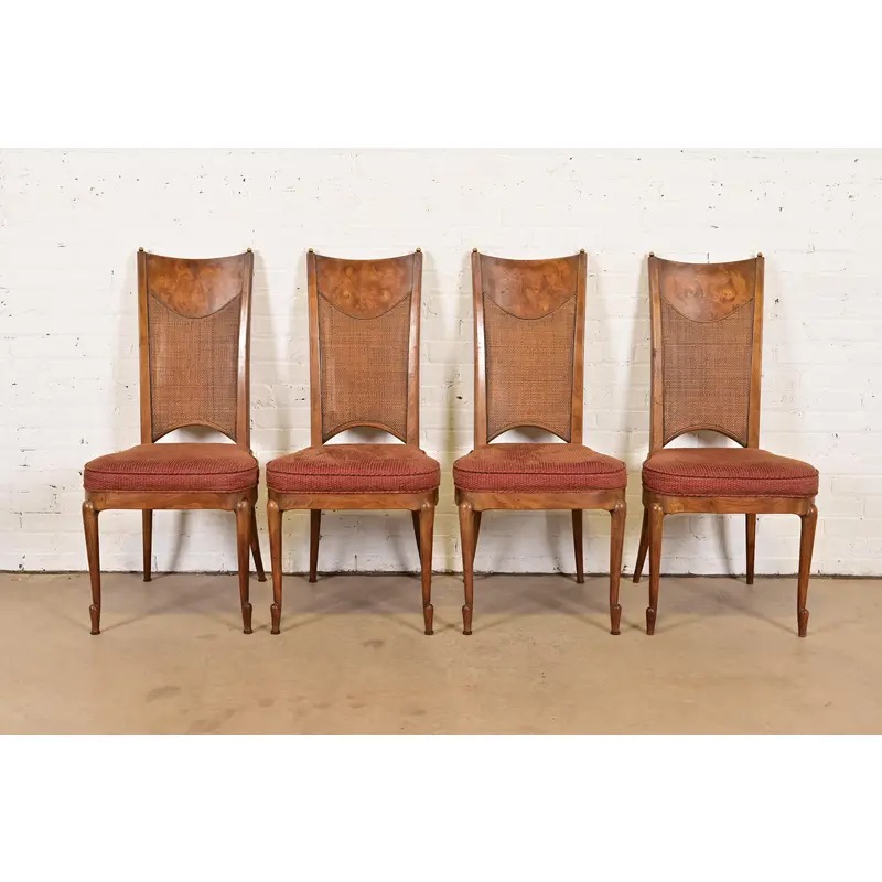 William Doezema for Mastercraft Mid-Century Modern Hollywood Regency Burl Wood and Cane Back Dining Chairs, Set of Four - Image 2