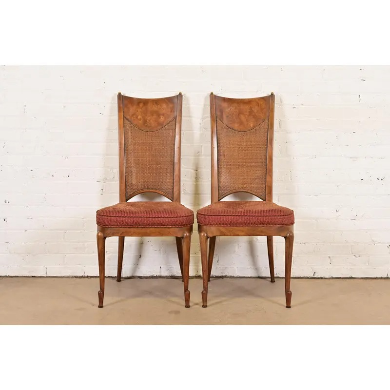 William Doezema for Mastercraft Mid-Century Modern Hollywood Regency Burl Wood and Cane Back Side Chairs or Dining Chairs, Pair - Image 2