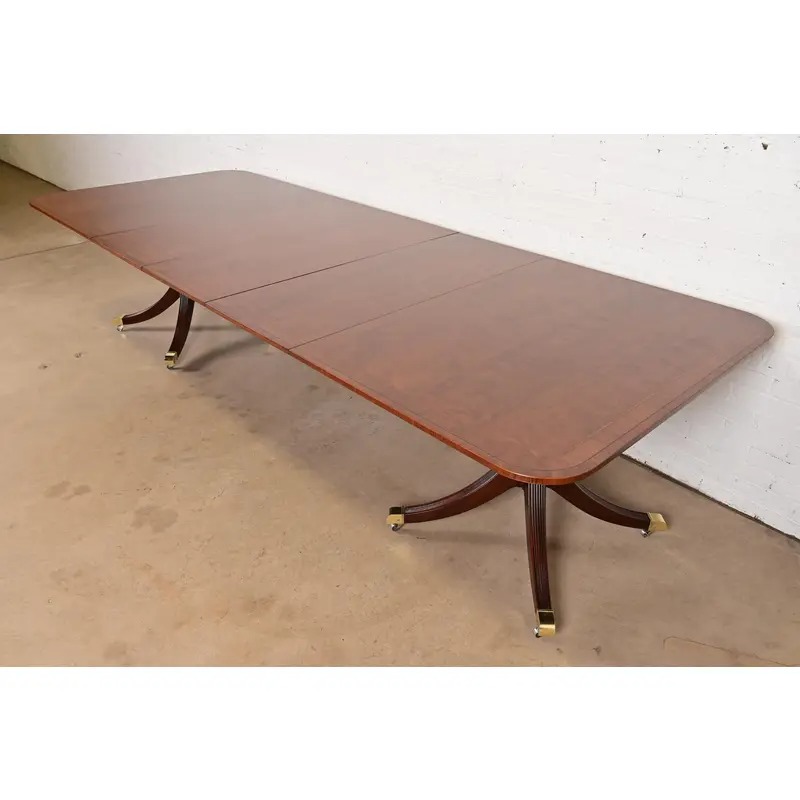 Baker Furniture Georgian Banded Mahogany Double Pedestal Extension Dining Table, Newly Refinished - Image 3