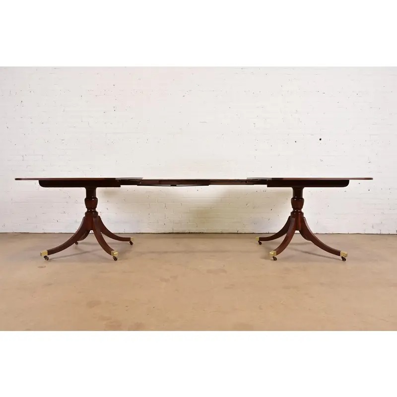Baker Furniture Historic Charleston Georgian Banded Mahogany Double Pedestal Extension Dining Table, Newly Refinished - Image 3
