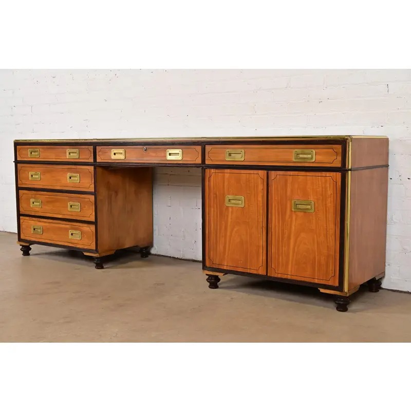 Baker Furniture Mid-Century Hollywood Regency Campaign Satinwood Desk or Executive Credenza, Circa 1960s - Image 3