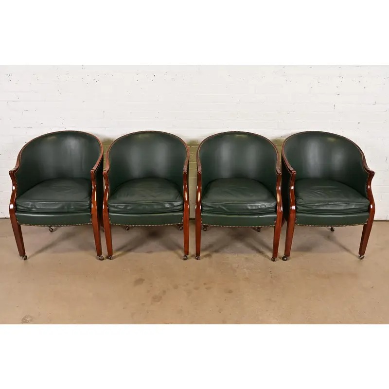 Baker Furniture Regency Carved Mahogany Leather Upholstered Lounge Chairs, Set of Four - Image 3