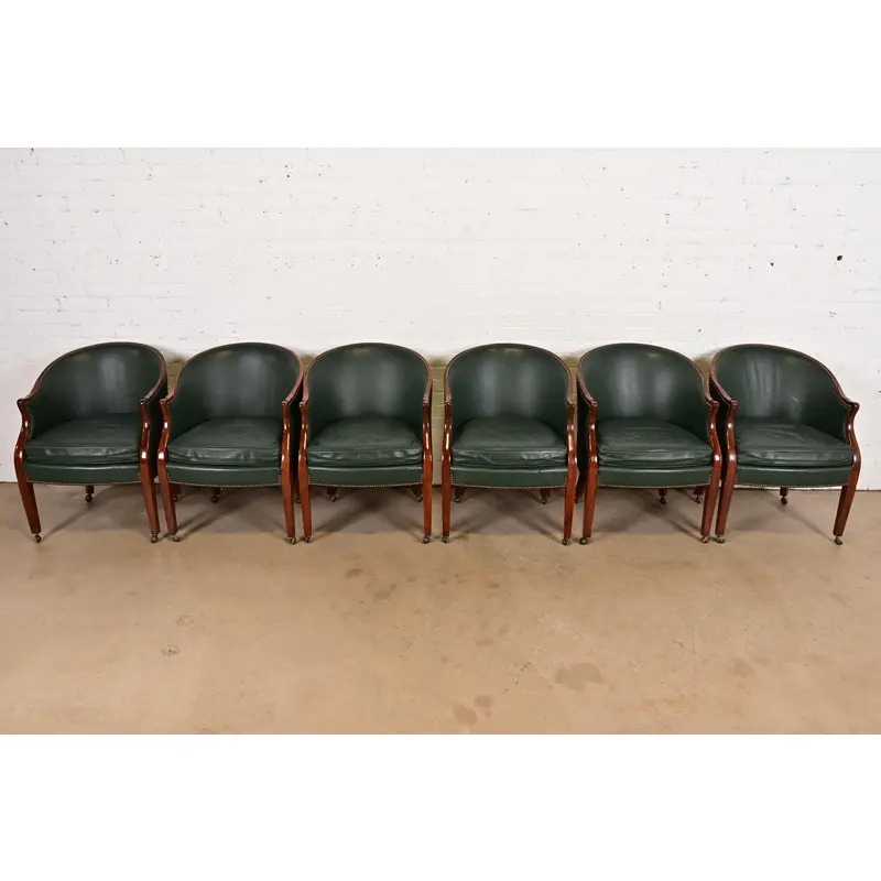 Baker Furniture Regency Carved Mahogany Leather Upholstered Lounge Chairs, Set of Six - Image 3