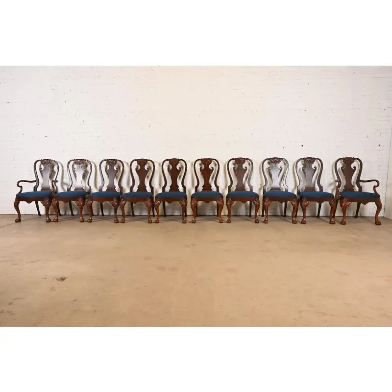 Baker Furniture Stately Homes Georgian Carved Burled Walnut Dining Chairs, Newly Refinished - Image 3