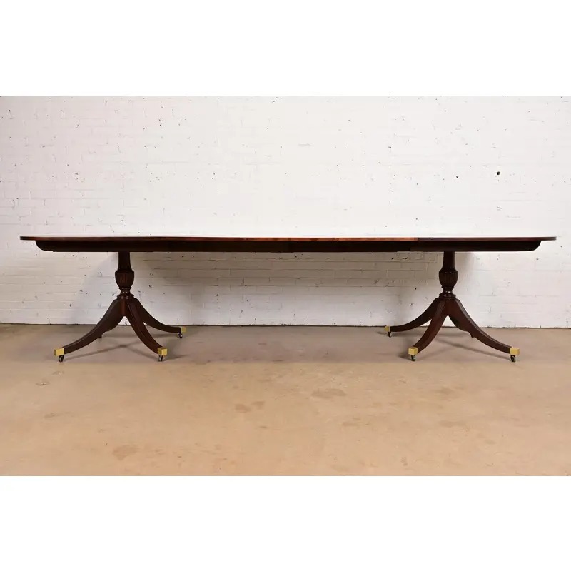 Baker Furniture Style English Georgian Banded Mahogany Double Pedestal Extension Dining Table, Newly Refinished - Image 3
