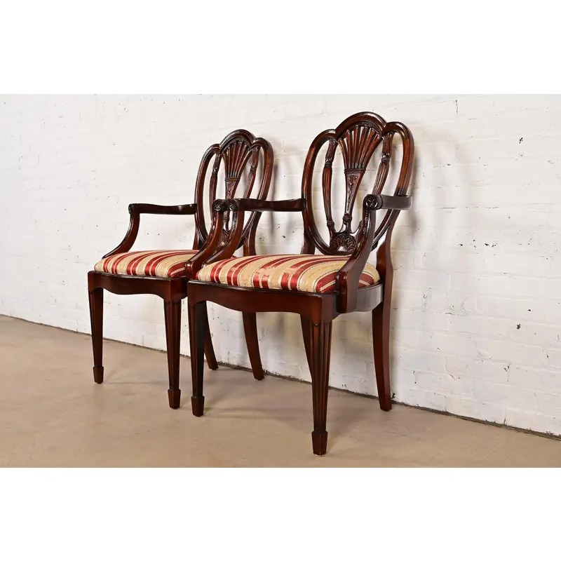 Baker Furniture Style Federal Carved Mahogany Shield Back Armchairs, Pair - Image 3