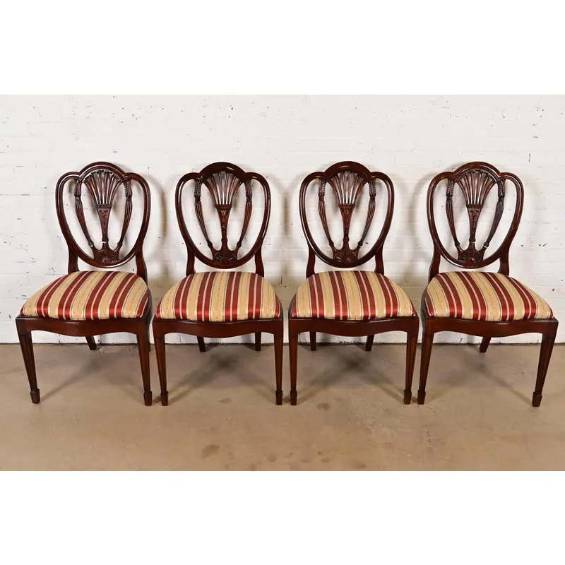Baker Furniture Style Federal Carved Mahogany Shield Back Dining Chairs, Set of Four - Image 3