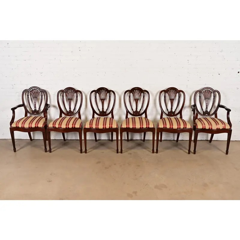 Baker Furniture Style Federal Carved Mahogany Shield Back Dining Chairs, Set of Six - Image 3