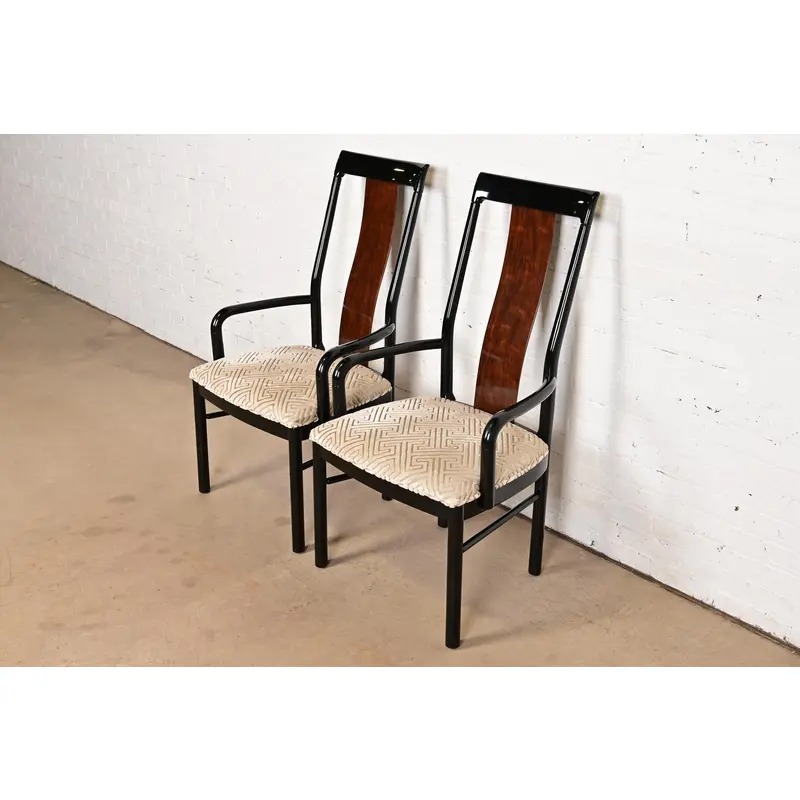 Drexel Heritage Mid-Century Modern Hollywood Regency Black Lacquer and Walnut High Back Armchairs, Pair - Image 3
