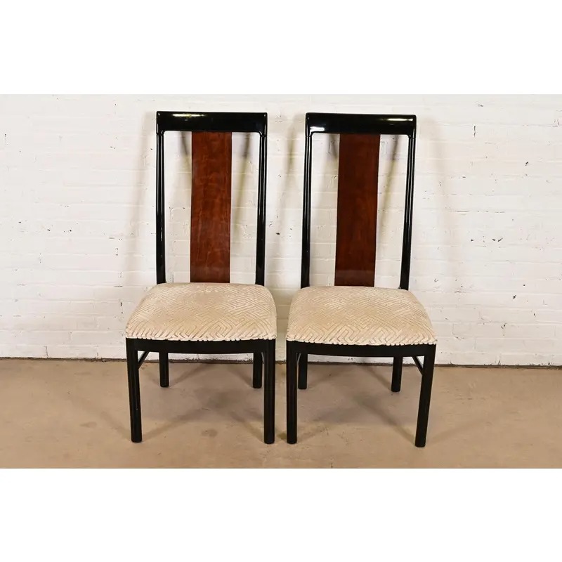Drexel Heritage Mid-Century Modern Hollywood Regency Black Lacquer and Walnut High Back Dining Chairs, Pair - Image 3