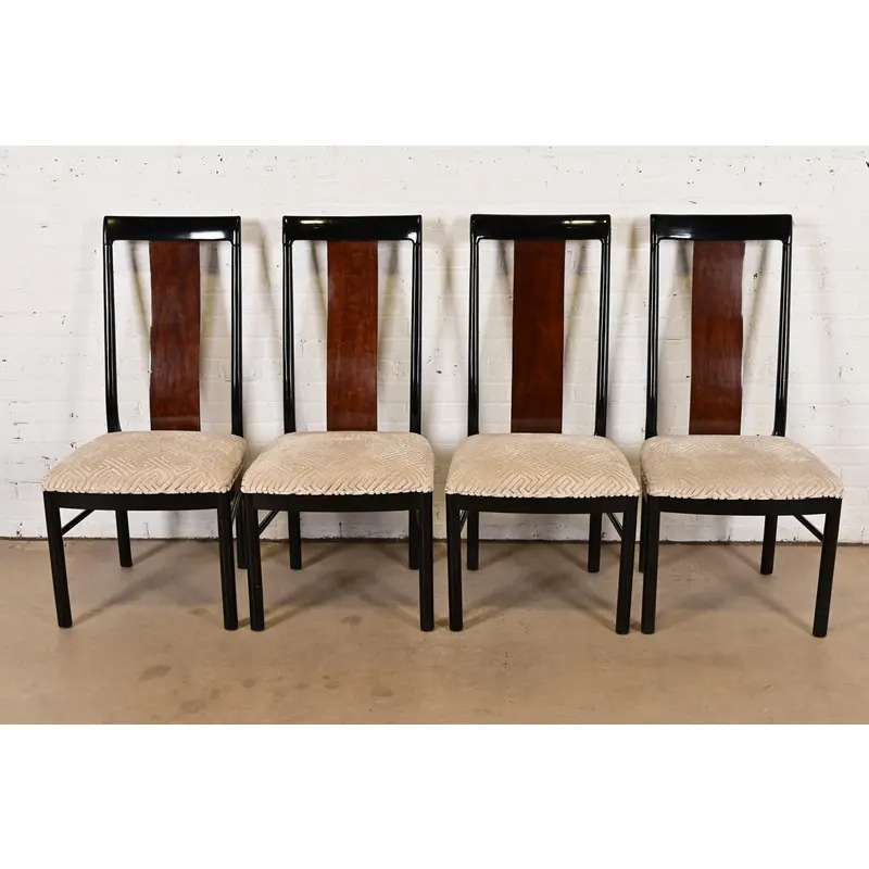 Drexel Heritage Mid-Century Modern Hollywood Regency Black Lacquer and Walnut High Back Dining Chairs, Set of Four - Image 3