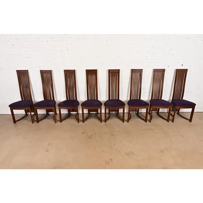 Frank Lloyd Wright Style Arts & Crafts High Back Dining Chairs, Set of Eight - Image 3