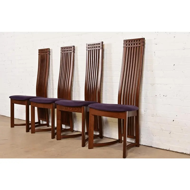Frank Lloyd Wright Style Arts & Crafts High Back Dining Chairs, Set of Four - Image 3