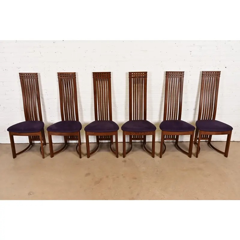 Frank Lloyd Wright Style Arts & Crafts High Back Dining Chairs, Set of Six - Image 3