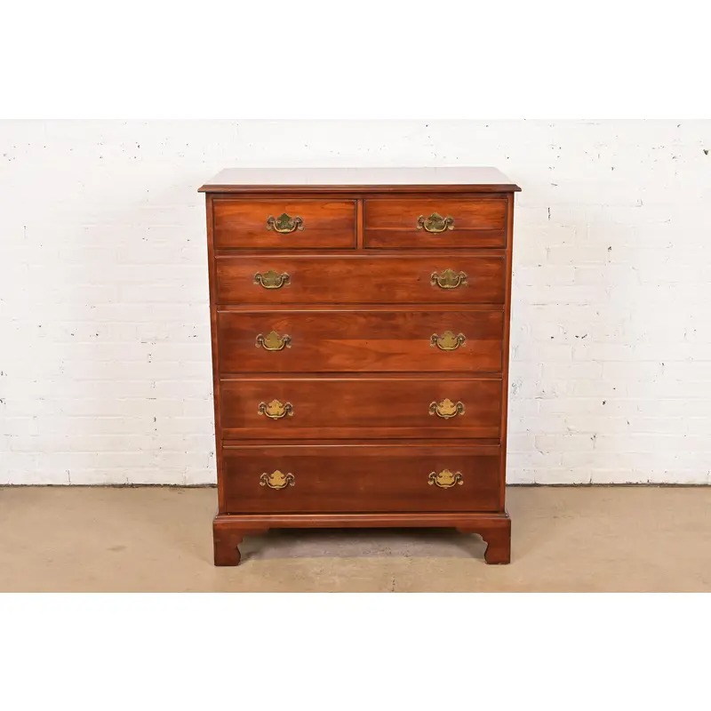 Henkel Harris Georgian Solid Cherry Wood Highboy Dresser, Circa 1960s - Image 3