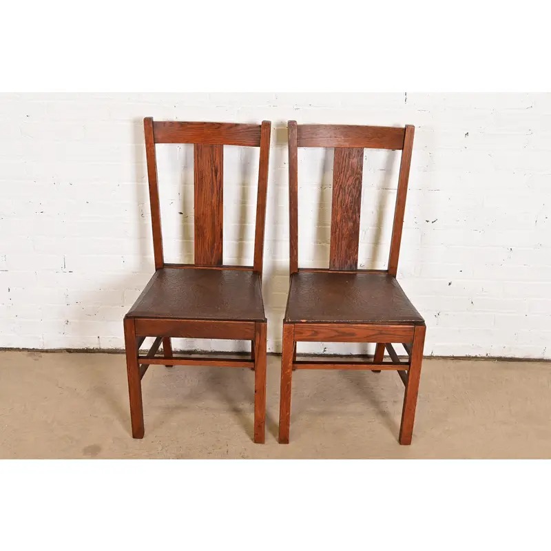 Limbert Style Antique Mission Oak Arts & Crafts T-Back Side Chairs or Dining Chairs, Pair - Image 3