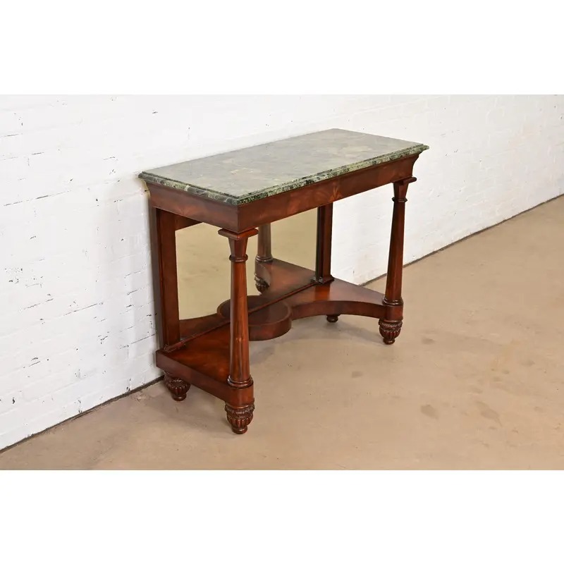 Maitland Smith French Empire of Louis XVI Carved Mahogany Faux Marble Top Console Table With Mirrored Back - Image 3