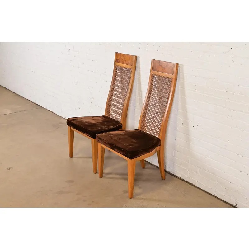 Milo Baughman Style Mid-Century Modern Burl Wood and Cane High Back Dining Chairs by Lane, Pair - Image 3