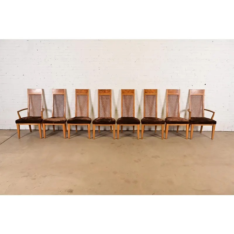 Milo Baughman Style Mid-Century Modern Burl Wood and Cane High Back Dining Chairs by Lane, Set of Eight - Image 3