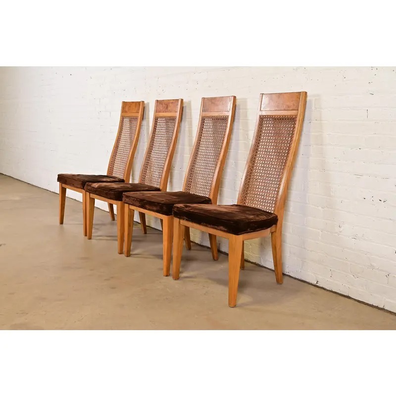 Milo Baughman Style Mid-Century Modern Burl Wood and Cane High Back Dining Chairs by Lane, Set of Four - Image 3