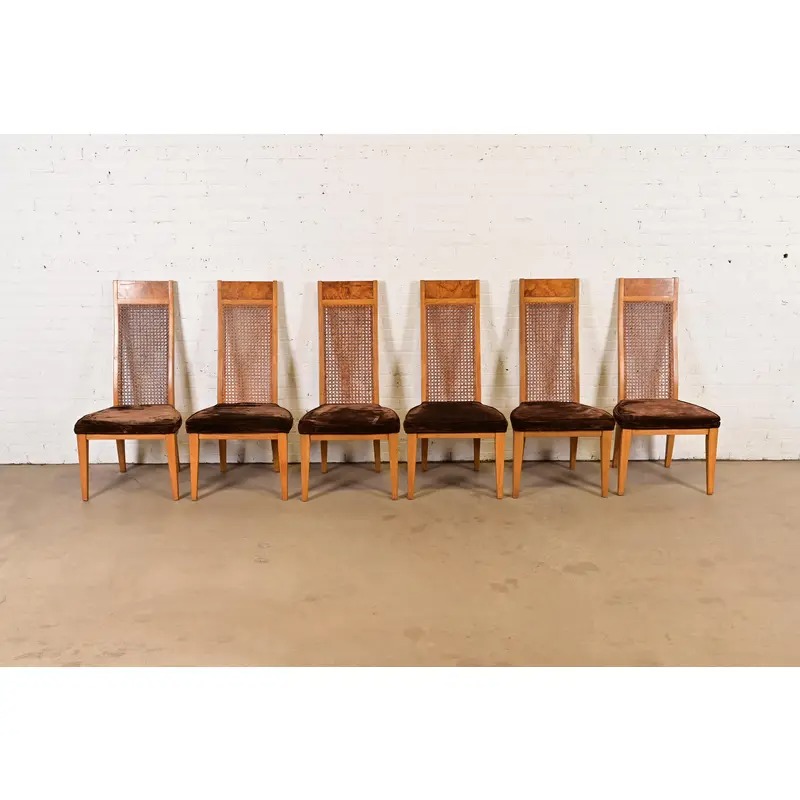 Milo Baughman Style Mid-Century Modern Burl Wood and Cane High Back Dining Chairs by Lane, Set of Six - Image 3