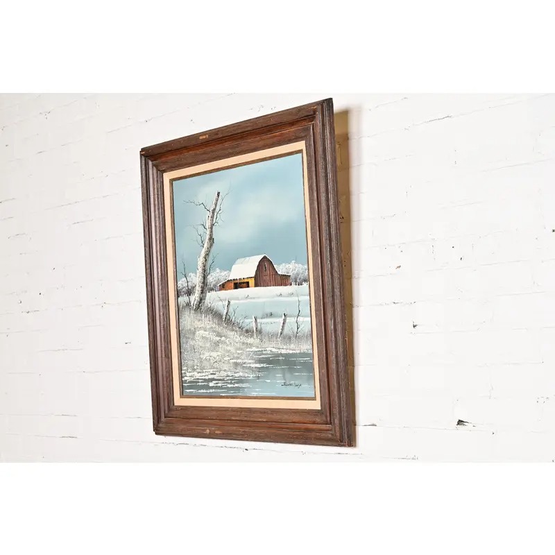 Original Artist Signed "Barn in Snowfall" Oil Painting on Canvas in Carved Wood Frame - Image 3