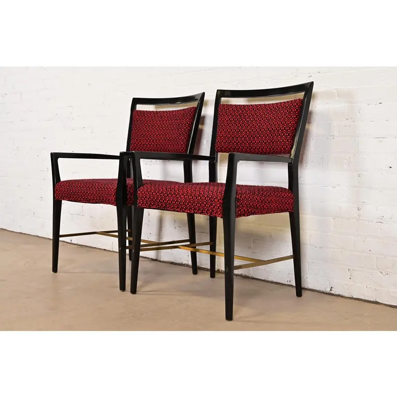 Paul McCobb Connoisseur Collection Black Lacquered Mahogany and Brass Armchairs, Pair - Image 3