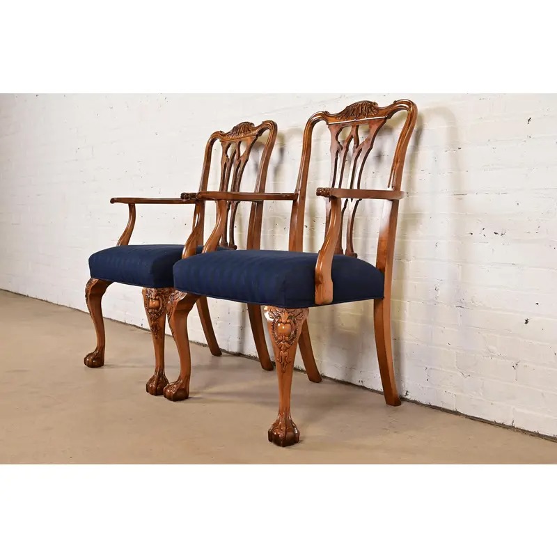 Romweber Chippendale Carved Walnut and Burl Wood Armchairs, Pair - Image 3