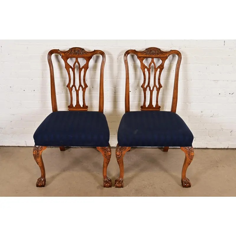 Romweber Chippendale Carved Walnut and Burl Wood Side Chairs or Dining Chairs, Pair - Image 3