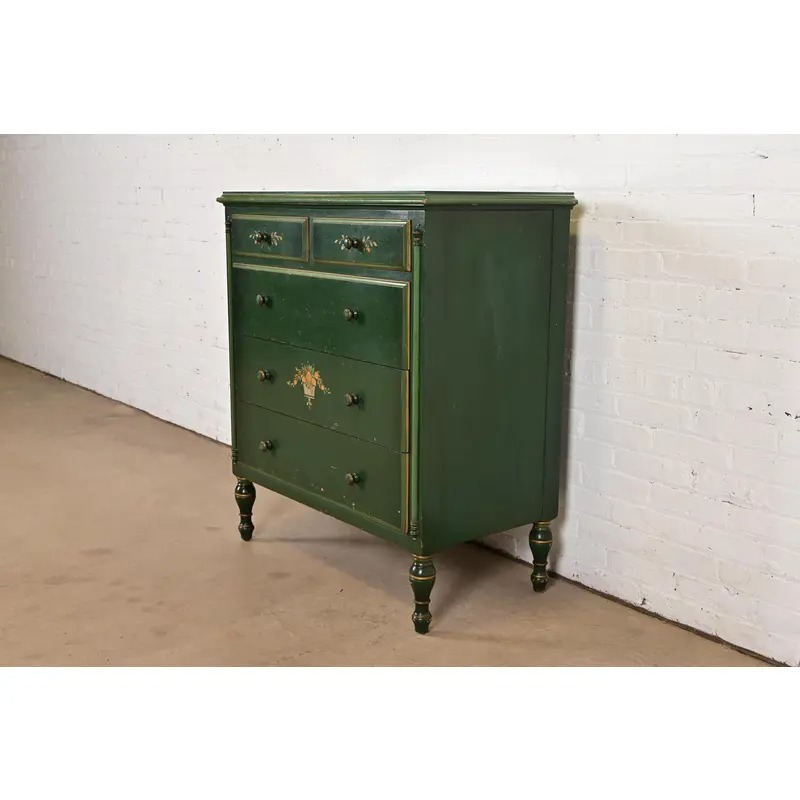 Stickley Brothers Antique Early American Country Cottage Green Lacquered Floral Painted Dresser, Circa 1920s - Image 3