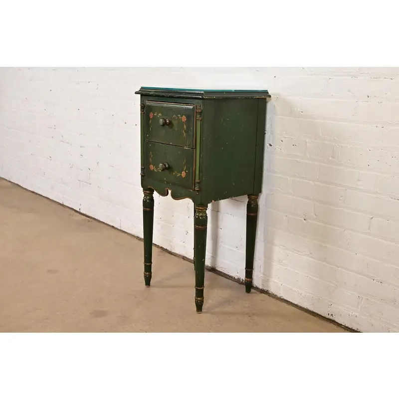 Stickley Brothers Antique Early American Country Cottage Green Lacquered Floral Painted Nightstand, Circa 1920s - Image 3