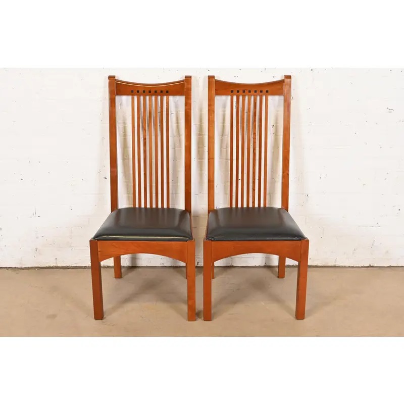 Stickley Mission Arts & Crafts Cherry Wood High Back Spindle Side Chairs or Dining Chairs, Pair - Image 3