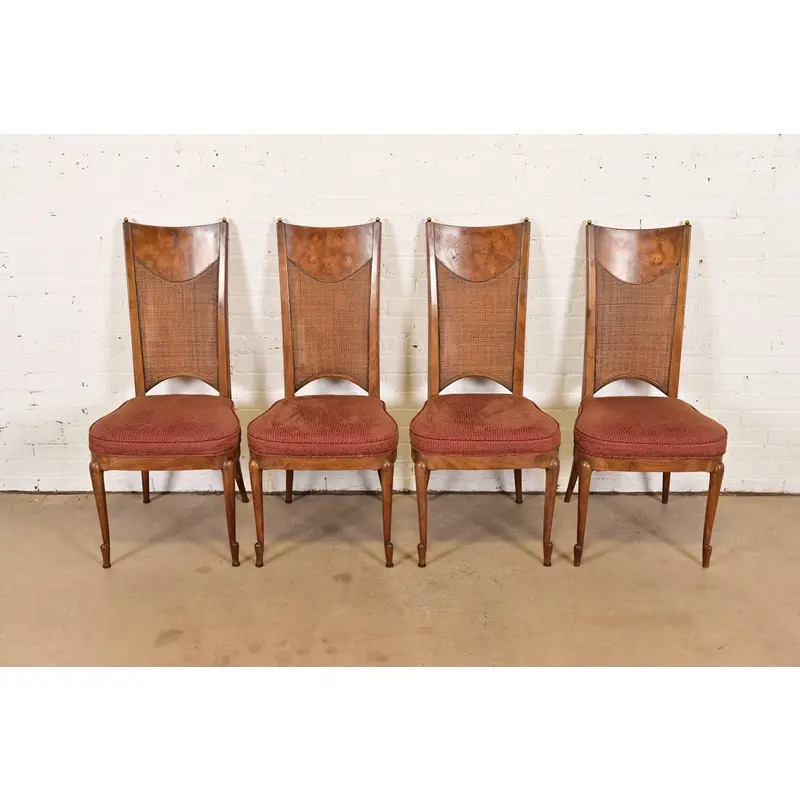 William Doezema for Mastercraft Mid-Century Modern Hollywood Regency Burl Wood and Cane Back Dining Chairs, Set of Four - Image 3