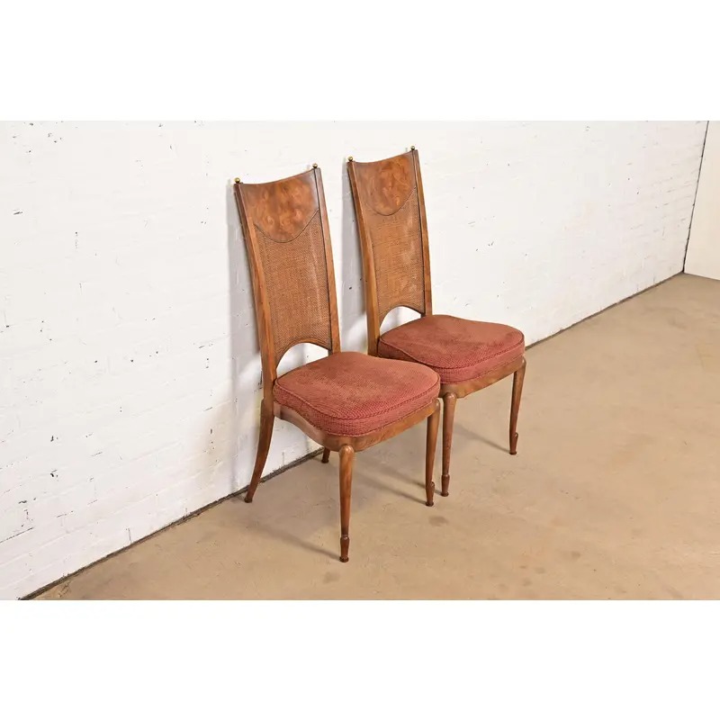 William Doezema for Mastercraft Mid-Century Modern Hollywood Regency Burl Wood and Cane Back Side Chairs or Dining Chairs, Pair - Image 3