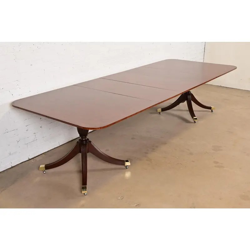 Baker Furniture Georgian Banded Mahogany Double Pedestal Extension Dining Table, Newly Refinished - Image 4