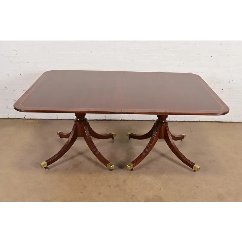 Baker Furniture Historic Charleston Georgian Banded Mahogany Double Pedestal Extension Dining Table, Newly Refinished - Image 4