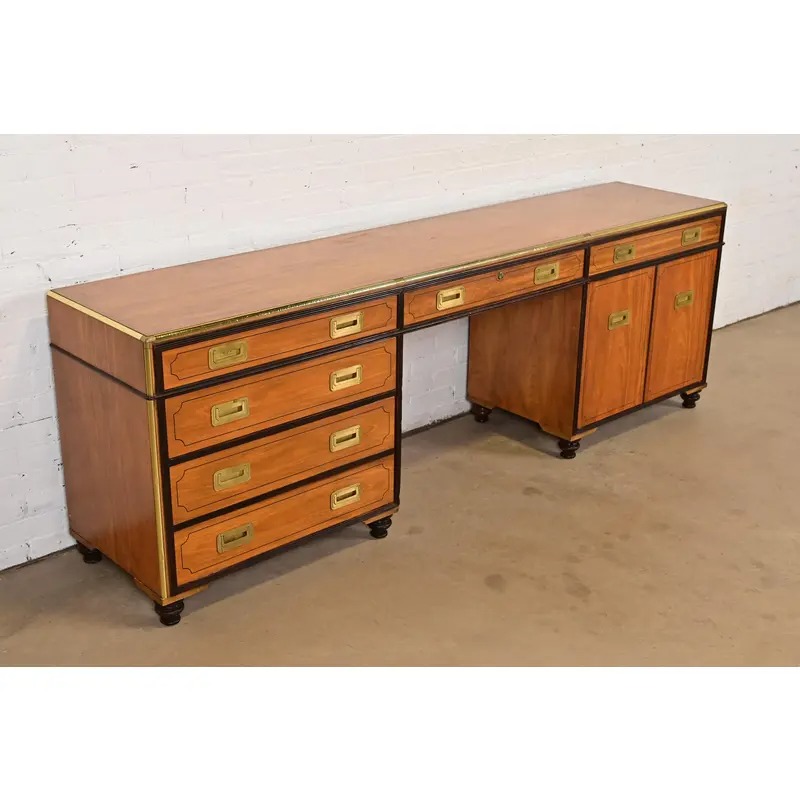 Baker Furniture Mid-Century Hollywood Regency Campaign Satinwood Desk or Executive Credenza, Circa 1960s - Image 4