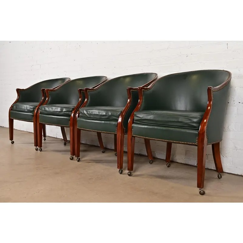 Baker Furniture Regency Carved Mahogany Leather Upholstered Lounge Chairs, Set of Four - Image 4