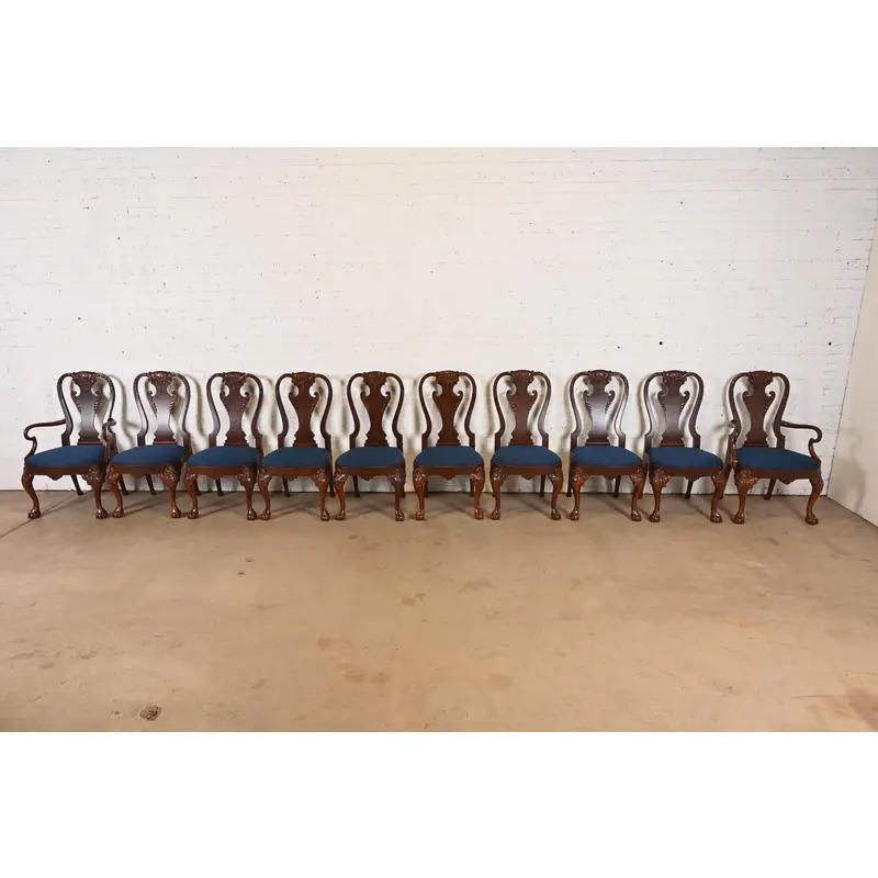 Baker Furniture Stately Homes Georgian Carved Burled Walnut Dining Chairs, Newly Refinished - Image 4