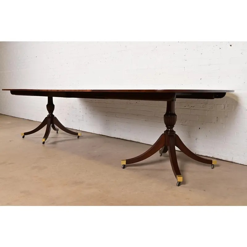 Baker Furniture Style English Georgian Banded Mahogany Double Pedestal Extension Dining Table, Newly Refinished - Image 4