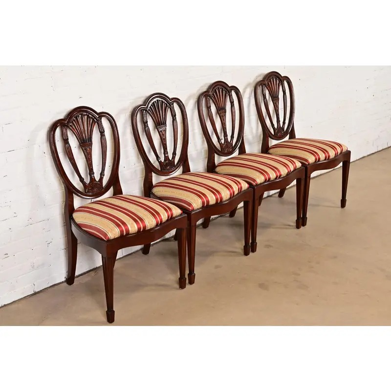 Baker Furniture Style Federal Carved Mahogany Shield Back Dining Chairs, Set of Four - Image 4